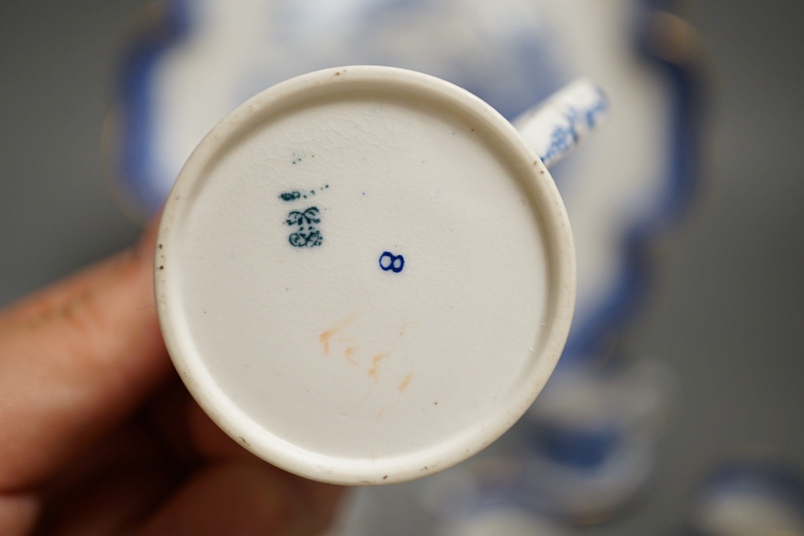 A Copeland blue and white Willow pattern part coffee set including a tray